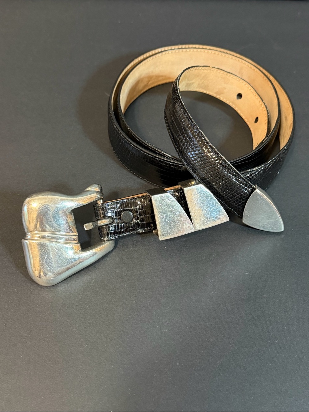 Barry Kieselstein-Cord size 34 Black Skinny Lizard Belt STERLING SILVER Buckle